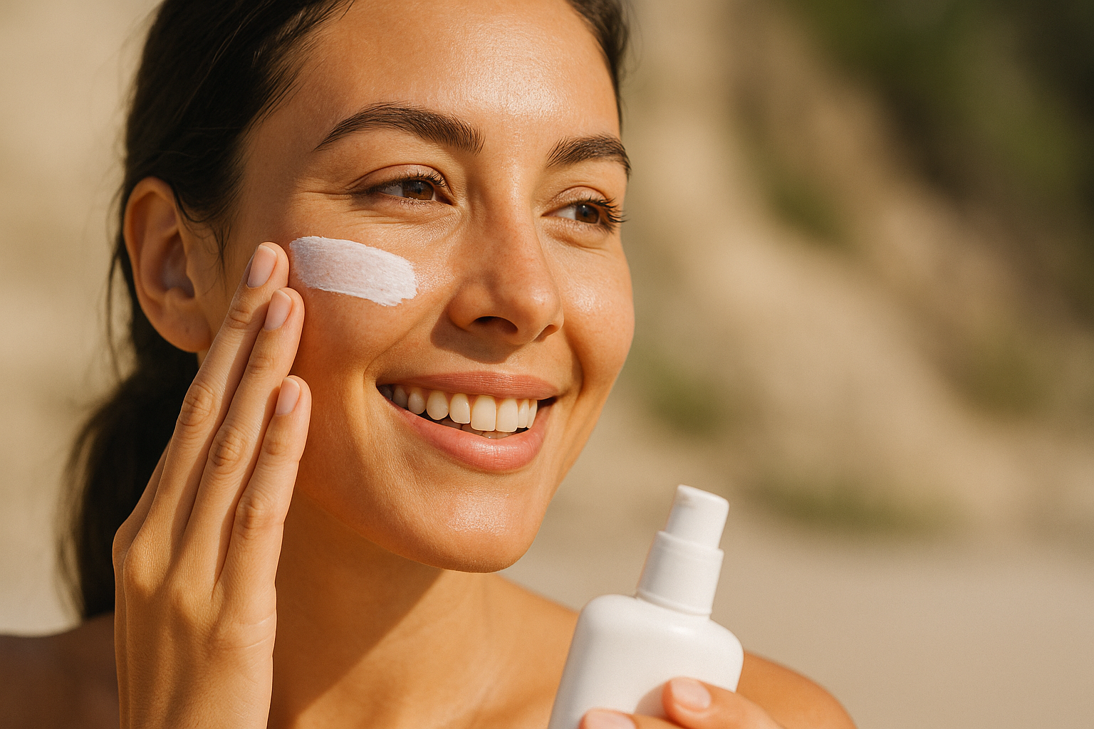 Smiling woman applying sunscreen eminence spf skincare