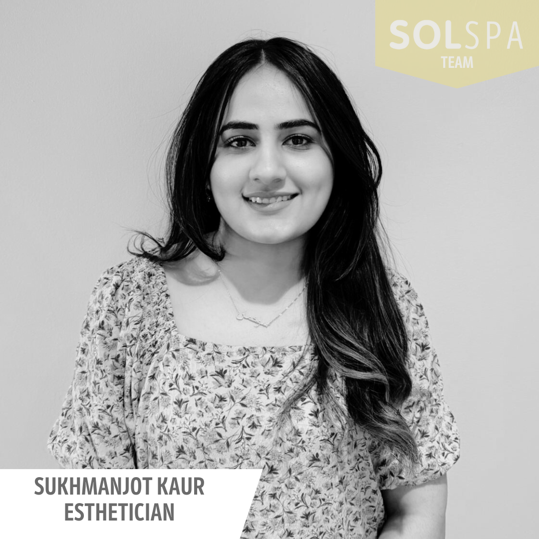 Black and white portrait of a woman with text indicating she is an esthetician from the SOLSPA team.