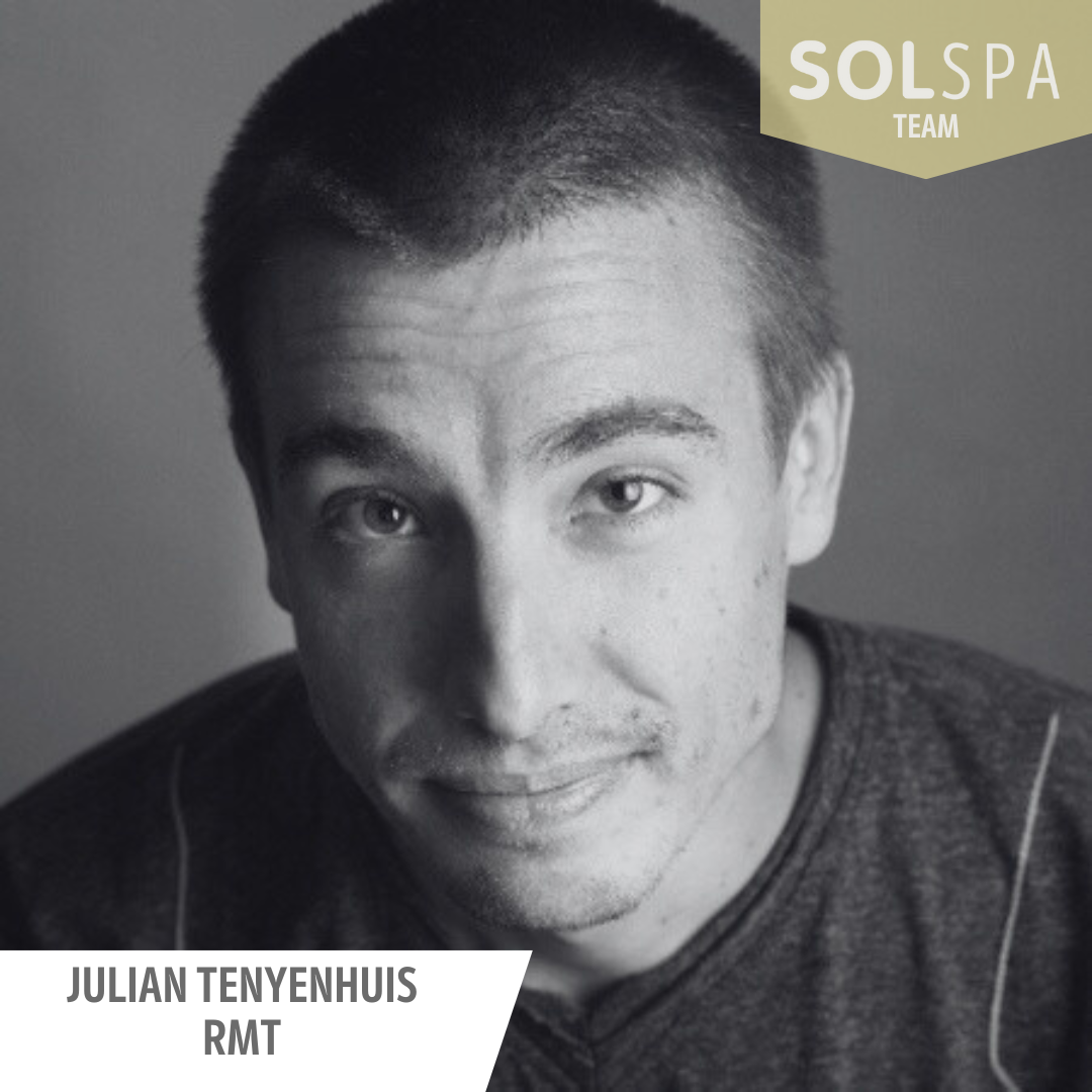 Black and white portrait of a man with 'SOLSPA' branding and text overlay.