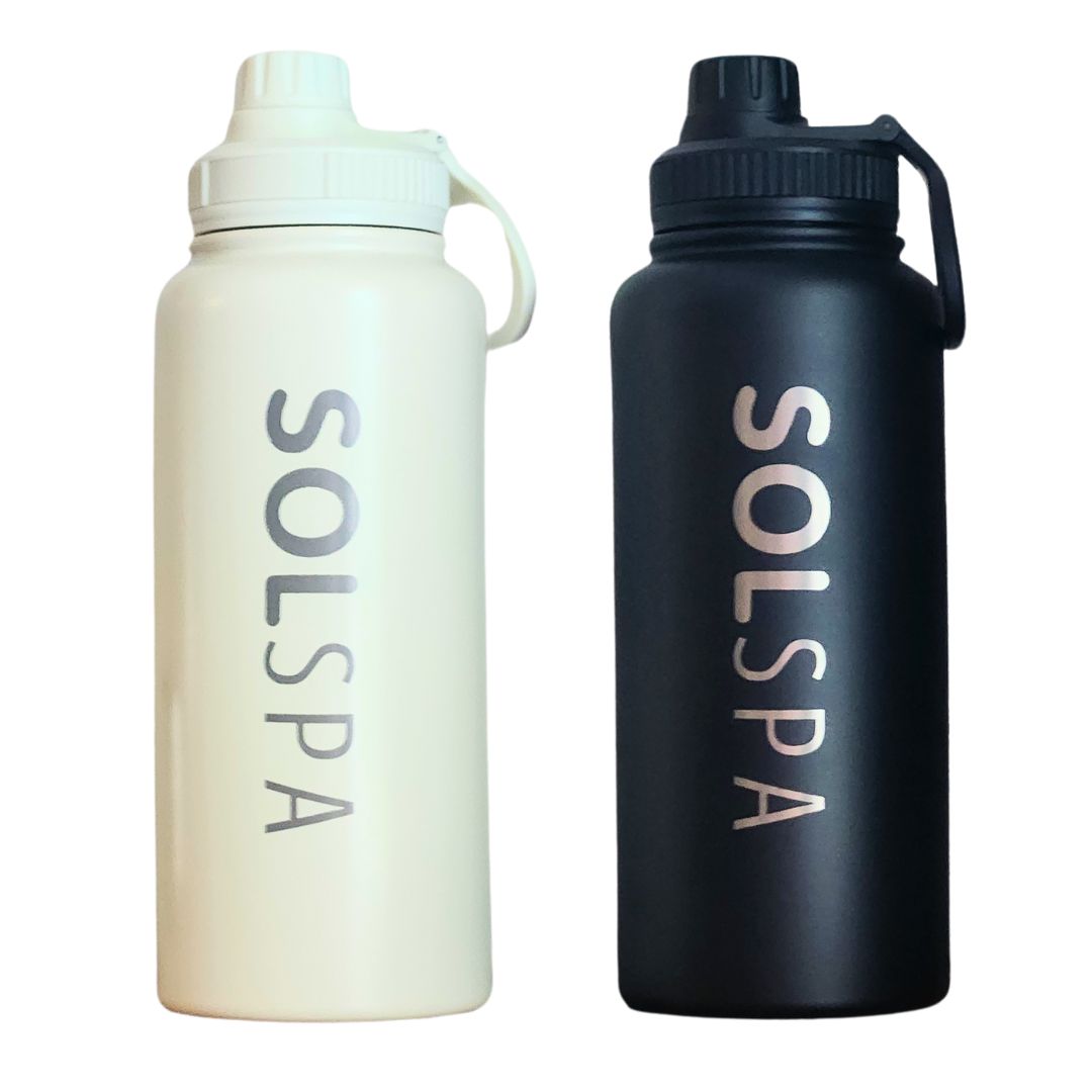 Black insulated Sol Spa Sport Bottle with laser-etched logo and leak-proof lid